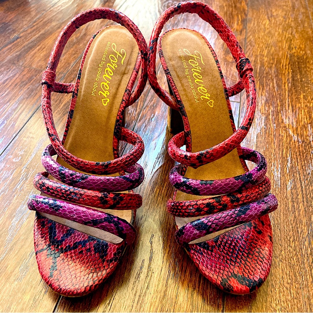 Snakeskin Strappy Shoes Red Purple & Black Cork Platform Heels Paula Abdul